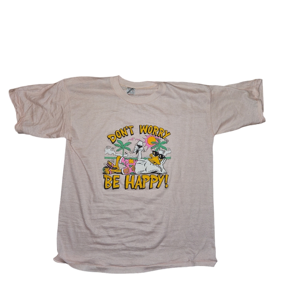 Vintage 80s Fantasy Dont Worry Be Happy Beach Duck Shirt L Single Stitch Pink